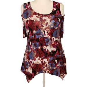 Adrianna Papell Cold Shoulder Top Women's M Purple Floral Handkerchief Hem